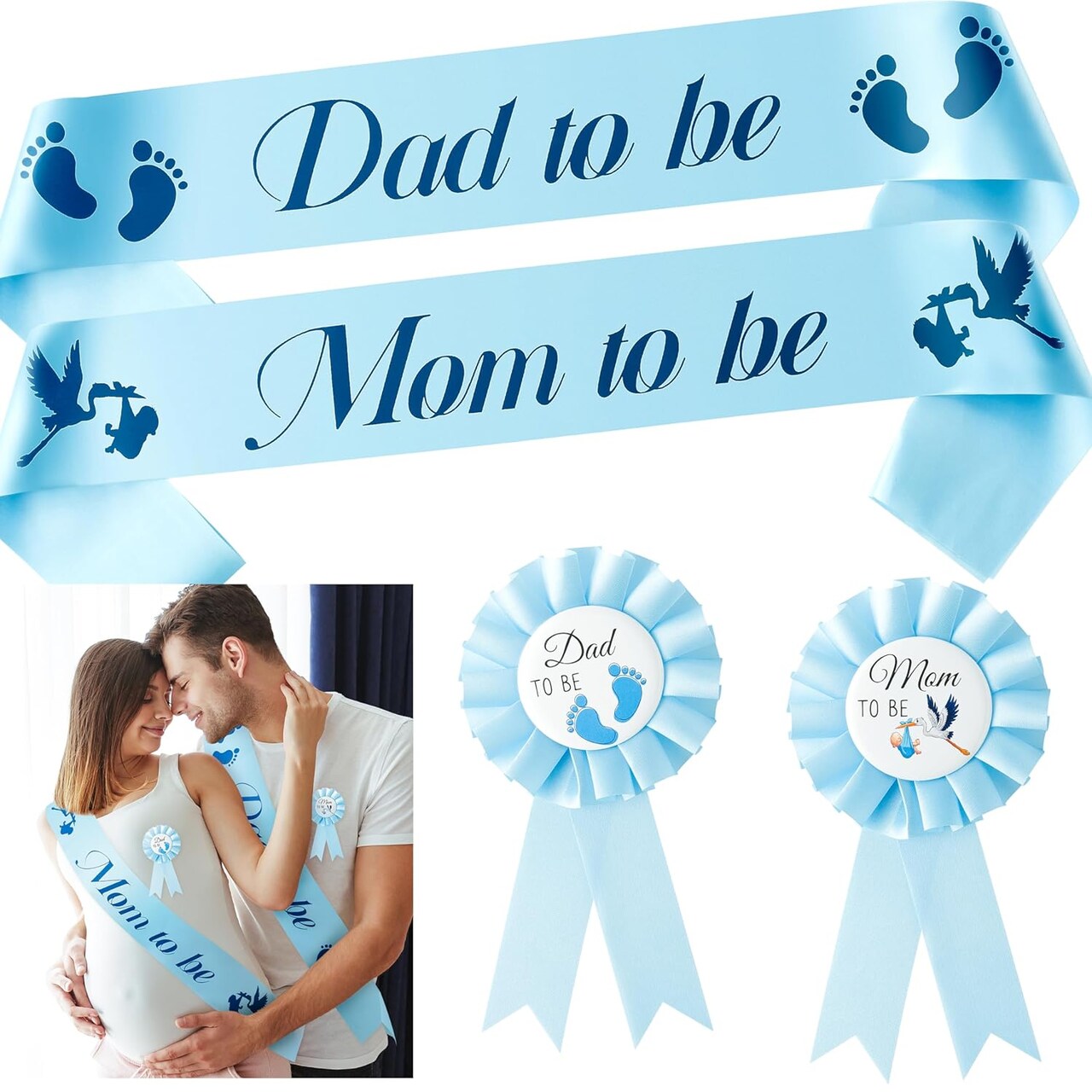 4Pcs Stork Maternity Sash Set Blue Stork Mom to Be & Dad to Be Sash Kit with Corsage Pin Stork Theme Pregnancy Sash Keepsake for Boy and Girl Baby Shower Gender Reveal Party